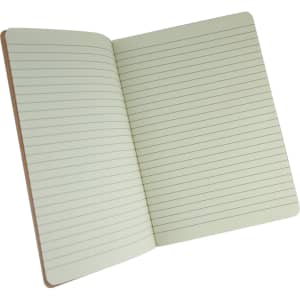 An open, lined notebook featuring a soft green interior and a brown cover.