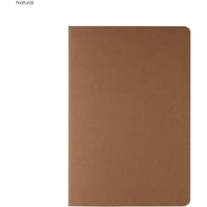 A brown notebook with a natural finish featuring rounded corners and a simple design. It has a logo on the cover.
