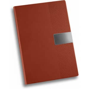 A brown A5 notebook featuring a textured design and a metallic accent, along with a branding logo.