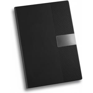 A black A5 notebook with a textured cover and a metallic clasp. It features a sleek, modern design.