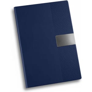 A navy A5 notebook with a textured cover and a metallic band, featuring a logo on the front.