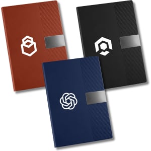 Three A5 notebooks in brown, black, and dark blue, each with a logo and a textured design on the cover.