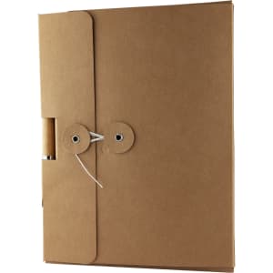 A cardboard notebook gift box in brown, featuring a tie closure and a pen attached.
