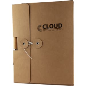 A cardboard notebook gift box in brown with an attached pen and a logo present on the front.