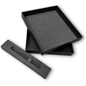 A black gift box set with a textured interior, including a separate lid and a smaller compartment insert.
