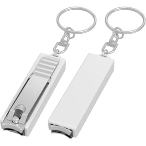 A silver nail clipper key ring featuring a sleek design with a keychain attachment.