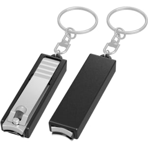 A black nail clipper key ring with a silver clipper section, featuring a keychain attachment.