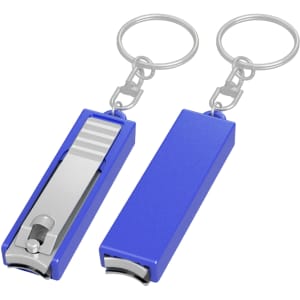 A blue nail clipper key ring with a silver clipper and keychain attachment. Features a sleek design and logo.