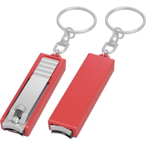A red nail clipper key ring with a shiny metal clip and a keychain attachment. Includes a logo.
