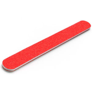 A red nail file with a textured surface, featuring a smooth edge and an unmarked logo.
