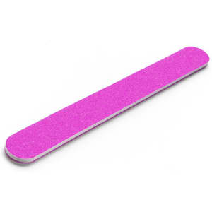 A pink nail file with a smooth edge, designed for shaping and smoothing nails. It features a simple logo.