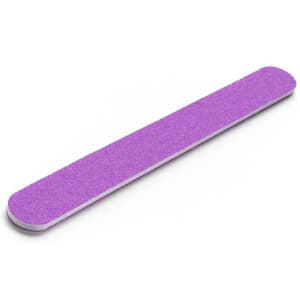 A purple nail file with a smooth, textured surface and rounded edges. It has a branding logo on one side.