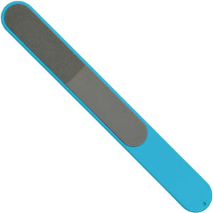 A blue nail file featuring a grey sanding surface, ideal for nail care. It includes a branding logo.