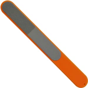 An orange nail file with a textured surface and a smooth side, featuring a logo.