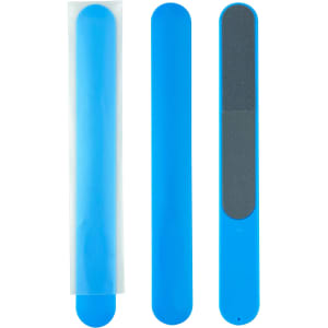 A blue nail file featuring a smooth side and a textured filing side, packaged in a protective sleeve.