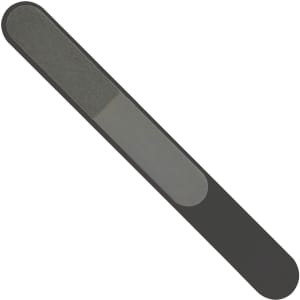 A nail file in grey with a smooth and gritty surface, featuring a simple design and logo.