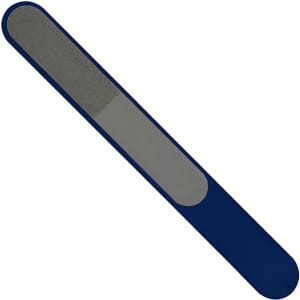 A blue Paris nail file with a textured surface for shaping and smoothing nails. It has a simple design and a logo.