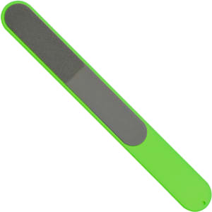 A bright green nail file with a smooth surface and a textured side for filing. Features a branding logo.