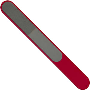 A red nail file featuring a textured surface and a smooth finish, designed for nail care.
