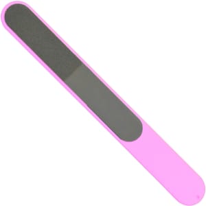 A pink nail file featuring a contrasting grey filing surface, ideal for nail care. Includes a branding logo.
