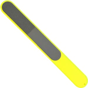 A yellow nail file with a textured grey filing surface. The product features a smooth handle and has a logo.