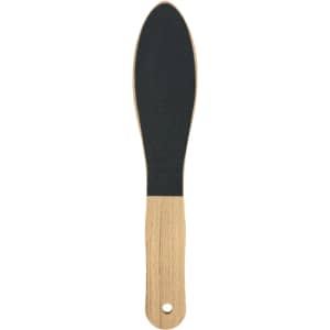 A wooden foot file featuring a black abrasive surface and a light wooden handle.