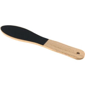 A wooden foot file with a textured black sanding surface and a smooth handle.