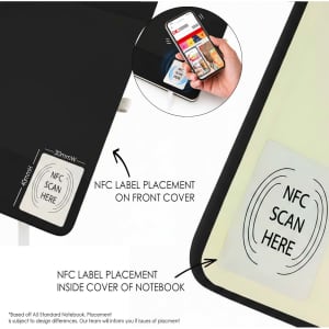 A6 cork soft wood notebook with NFC label on the front cover and inside. Features a sleek black design.