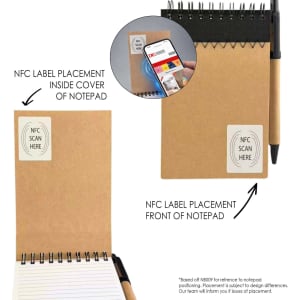 A spiral notebook with a brown cover, featuring a pen, NFC label placement on the front and inside cover.