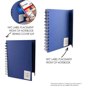 A blue spiral notebook featuring NFC label placement on the front and back cover. Includes a logo.