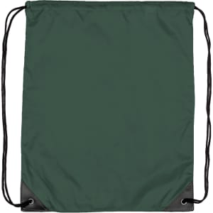 A dark green nylon backsack with black corners and drawstring closure. Features a simple design with no embellishments.