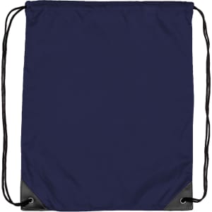 A navy nylon backsack with black corners and drawstring closures, featuring a simple design and a logo.
