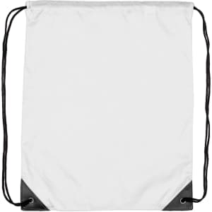 A drawstring bag in white with black accents, featuring a simple design and a logo at the bottom.