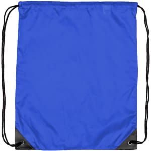A blue nylon backsack featuring black corners and drawstring closure. It has a logo on the surface.