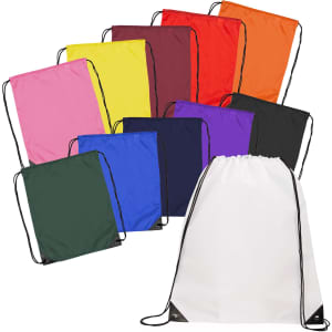 A collection of drawstring bags in various colours including pink, yellow, green, blue, black, and white, featuring logos.