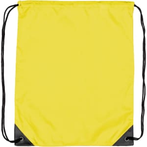 A yellow nylon backsack with black corners and drawstring closure. It features a logo on one side.