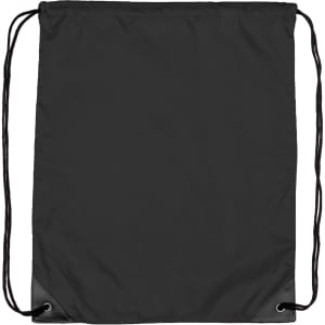 A black nylon backsack with drawstring closure and reinforced corners, featuring a branding logo.