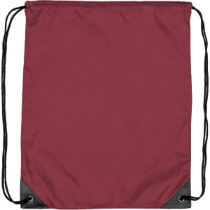 A maroon drawstring bag with black corners and a simple design, featuring a logo.