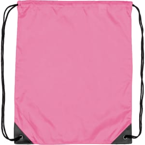 A pink nylon backsack with black corners and a drawstring closure features. It includes a logo at the top.