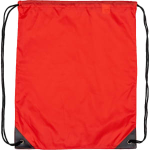 A red nylon backsack with black corners and drawstring closures. It features a logo on the surface.