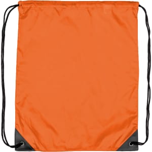 An orange nylon backsack with black corners and drawstring closure. It features a logo at the top.