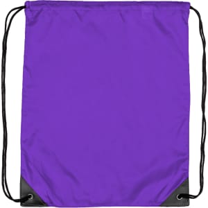 A purple nylon drawstring backsack with black corners and a branding logo.