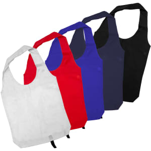 Tote bags in white, red, blue, navy, and black, featuring long handles and a logo.