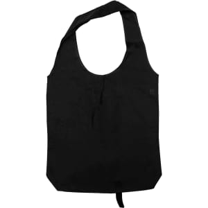 A black tote bag with long handles and a simple design, featuring a logo.