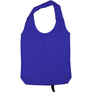 A purple tote bag with long handles and a single pocket. It features a logo.