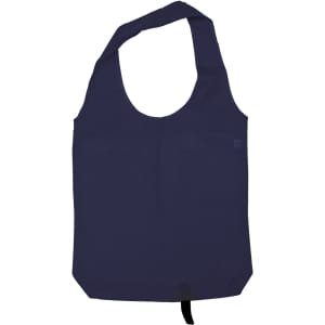 A navy tote bag with long handles and a small pocket, featuring a logo.