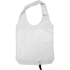 A white tote bag with long handles featuring a simple design and a logo.