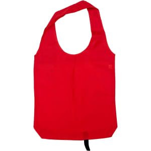 A red tote bag with long handles and a single compartment, featuring a logo.