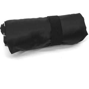 A black tote bag with long handles, rolled and secured with an elastic band. It features a logo.