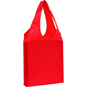 A red tote bag with long handles and a sleek design. The bag has a simple style and features a branding logo.